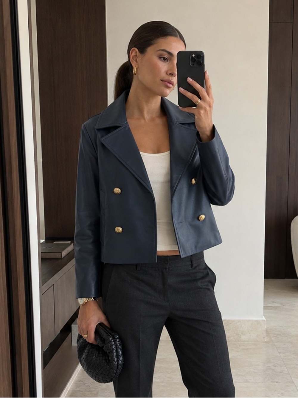 BCBGMAXAZRIA Navy Faux Leather Double Breasted Cropped Jacket Gold Buttons L